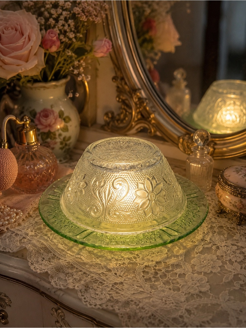 Vintage Tiara Sandwich Glass on Glowing Green DepressionGlass Saucer|UV Reactive